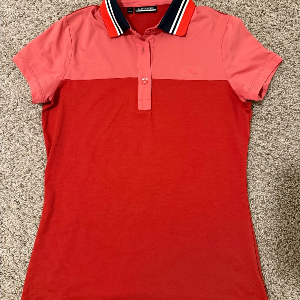 J.Lindeberg Two-Tone Coral and Red Polo Top